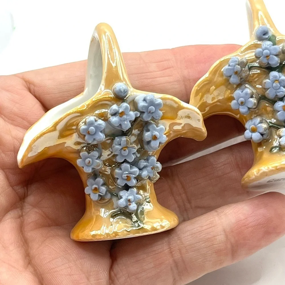 2 Vintage Elfinware Miniature Basket with Blue Flowers Made in Germany
